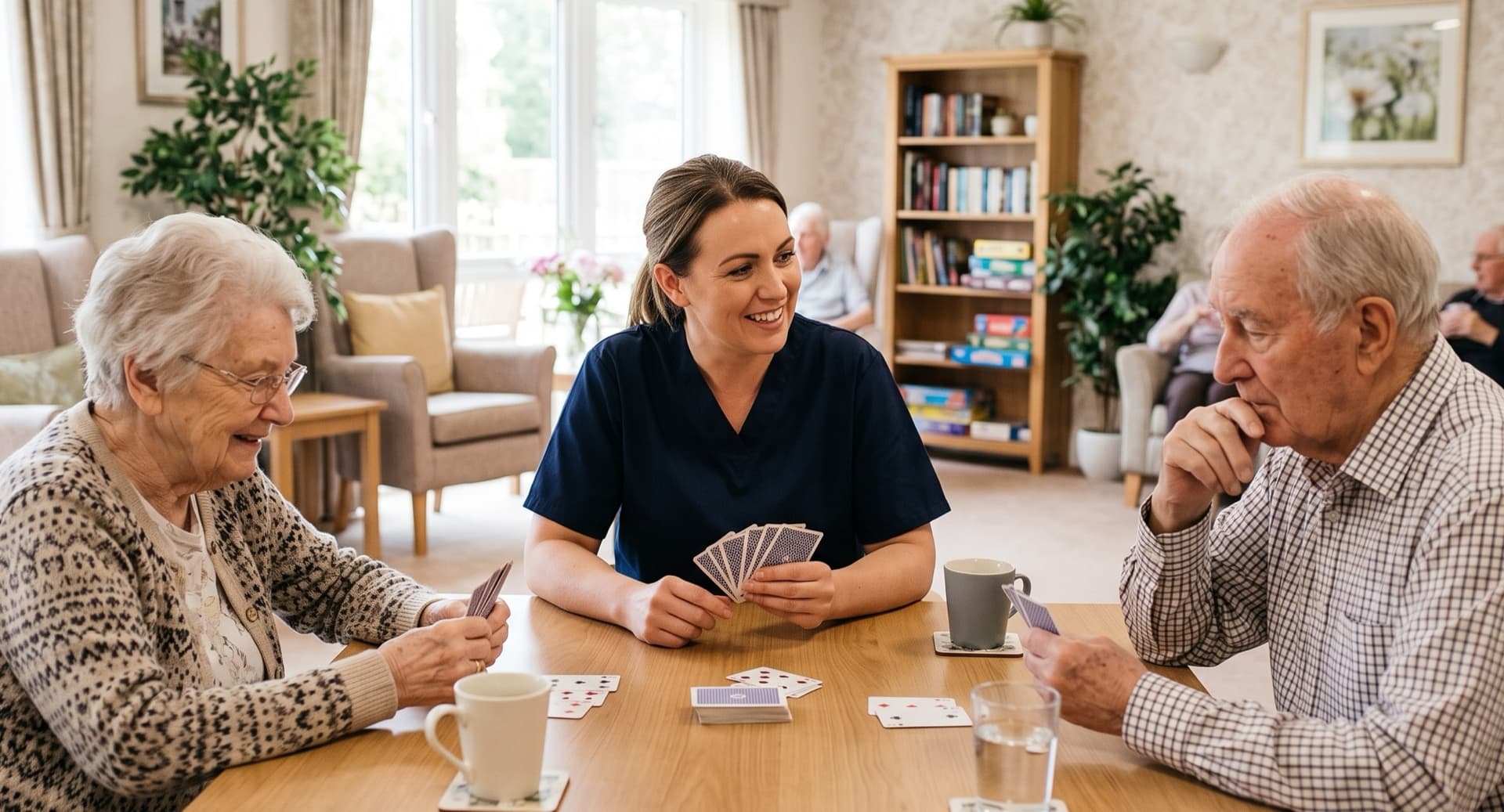 A carer playing cards with two residents in a bright care home lounge, everyone smiling