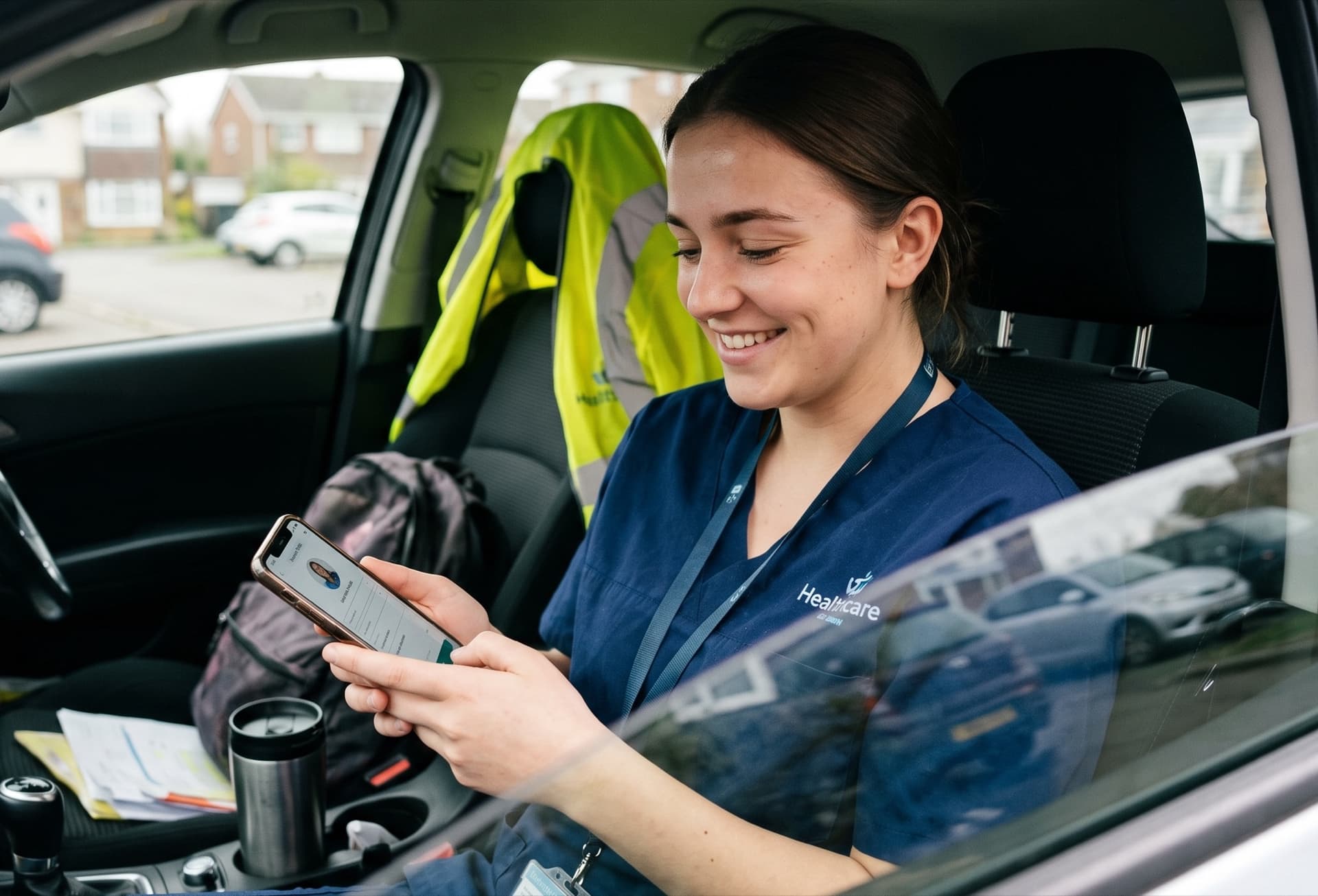 A young carer on a break in her car, smiling as she fills in her profile on her phone
