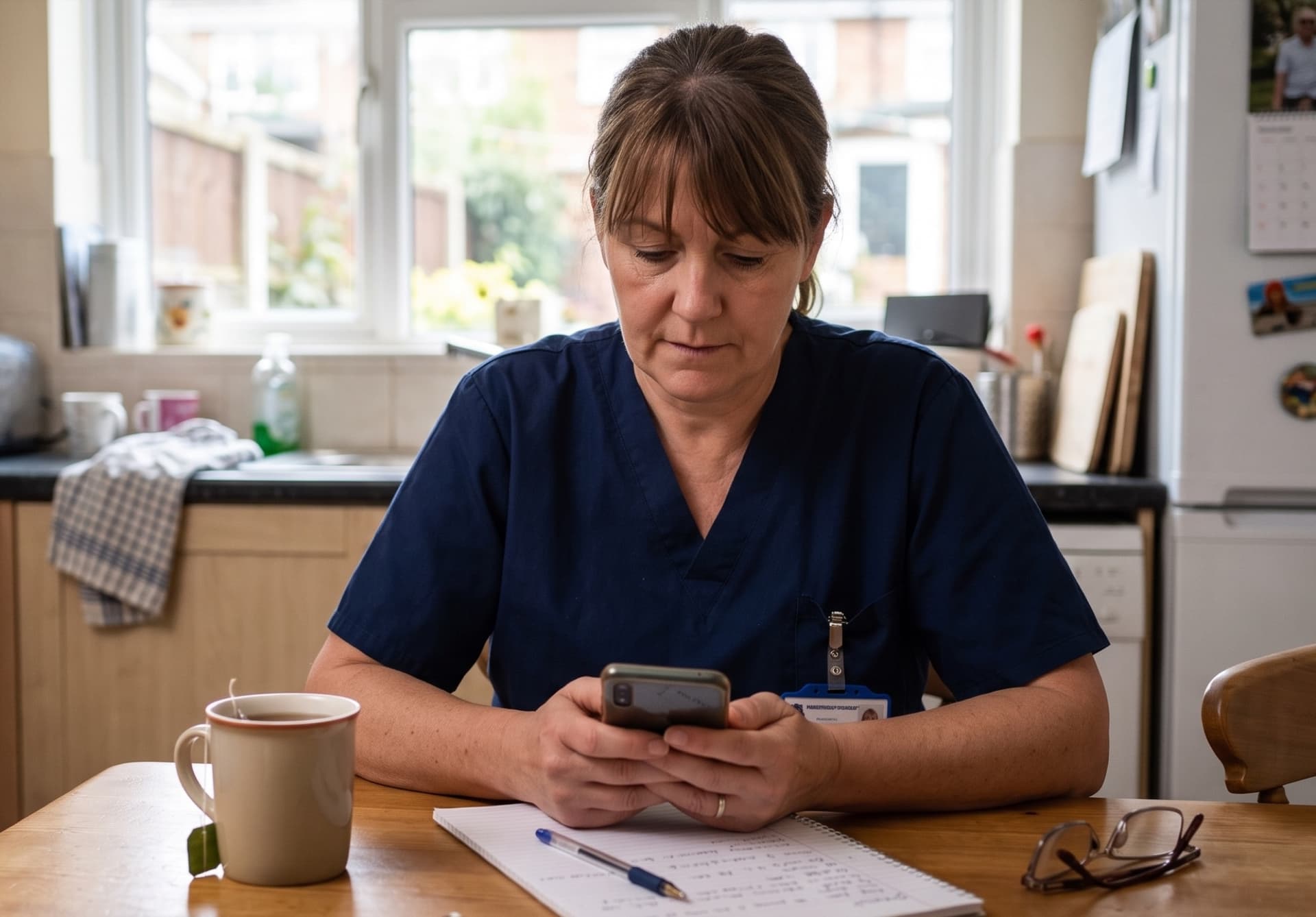 A carer in uniform at her kitchen table with a cup of tea, studying a course on her phone
