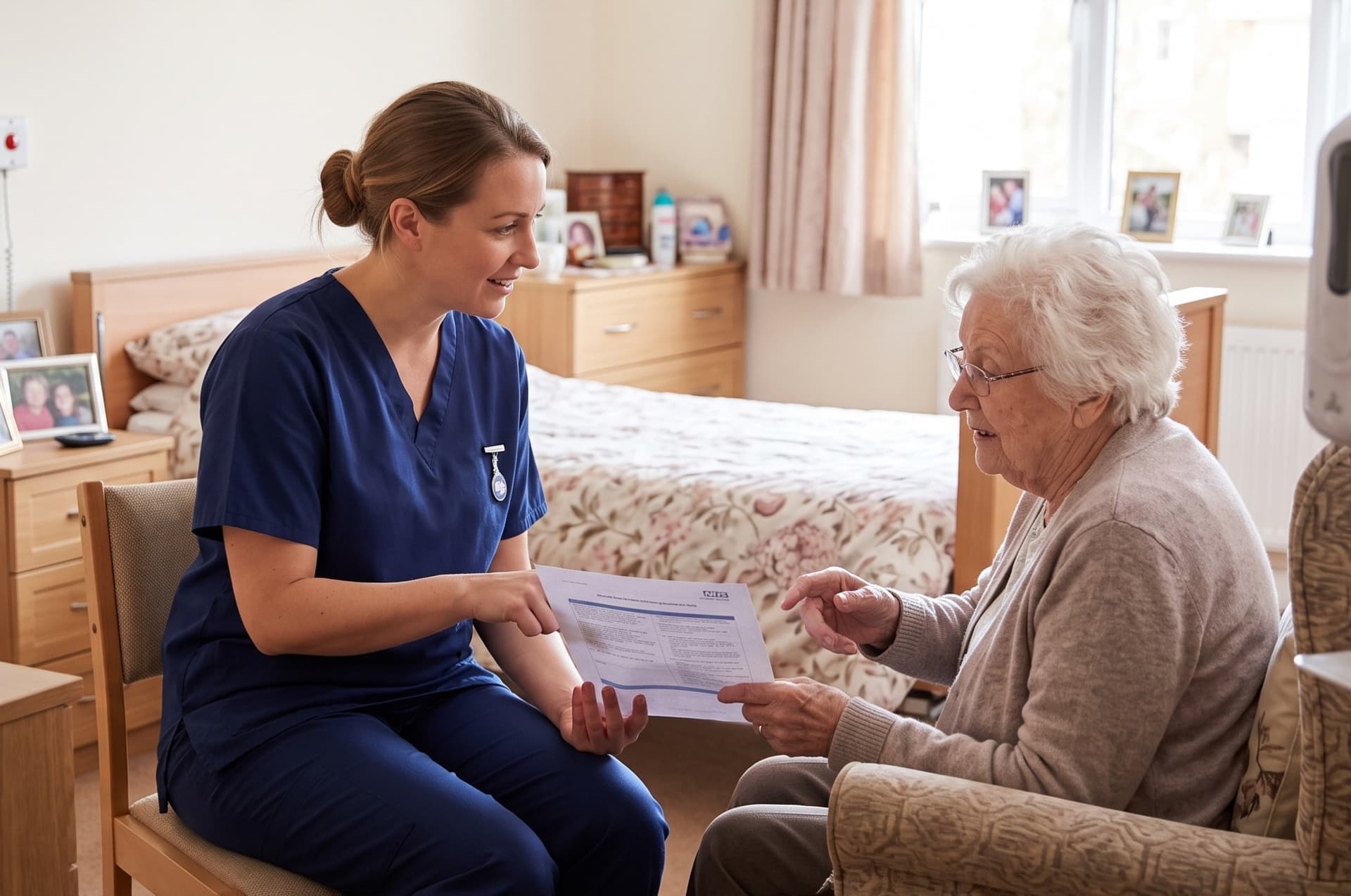 A nurse in navy scrubs going through a care plan with a resident in her nursing home bedroom