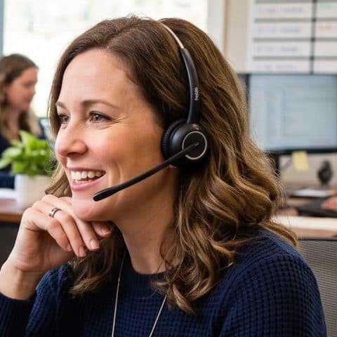 A care manager on a headset at her desk, smiling