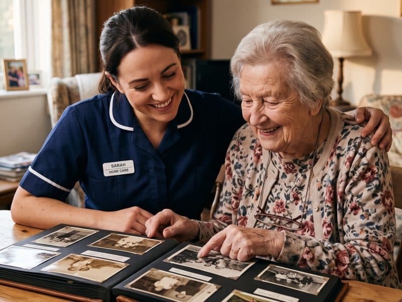 A carer looking through a photo album with an older woman