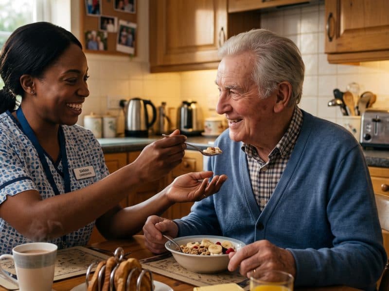 A smiling carer helping an older man with breakfast at his kitchen table