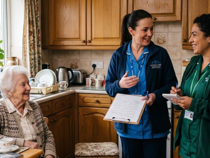Two carers with a clipboard talking with an older woman in her kitchen