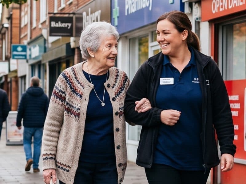 A carer walking arm in arm with an older woman along a high street