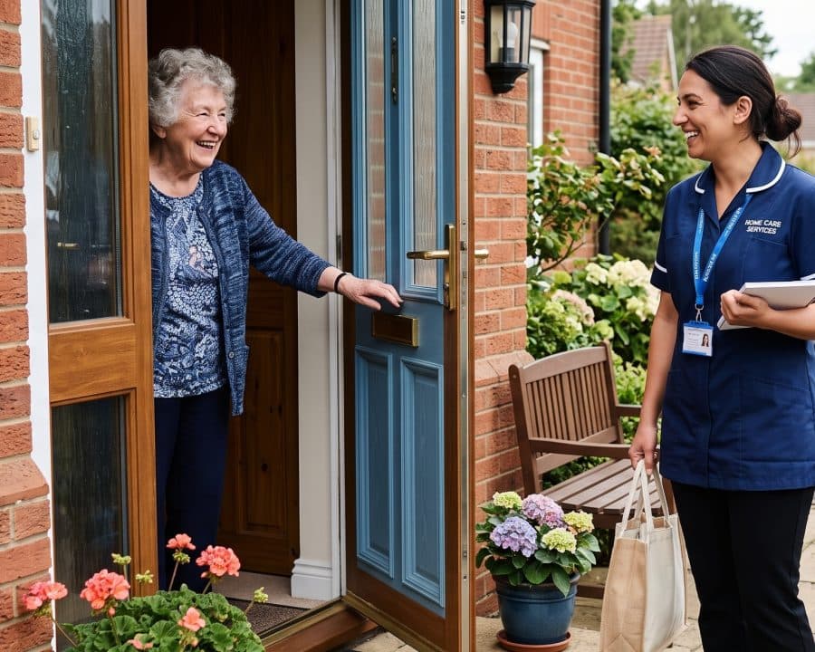 A home carer arriving at a client’s front door, both smiling
